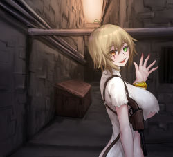 Rule 34 | 1girl, ahoge, alley, bell, blonde hair, blood, blush, breasts, brown eyes, building, cafe no zombi-ko, cafe no zombi-ko (3rd costume), chinese commentary, commentary request, dumpster, green eyes, gun, hair between eyes, heterochromia, highres, holstered, indie virtual youtuber, large breasts, long sleeves, looking at viewer, looking to the side, open mouth, shirt, short hair, smile, solo, torn clothes, underboob, upper body, virtual youtuber, weapon, white shirt, yeklsa