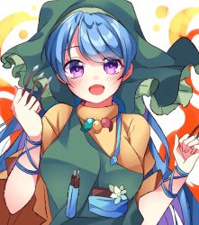 Rule 34 | 1girl, apron, arm ribbon, between fingers, blue hair, blue ribbon, blush, breasts, brush, commentary request, dress, eyes visible through hair, fingernails, flower, green apron, green headwear, green scarf, hair between eyes, hands up, haniyasushin keiki, head scarf, highres, holding, jewelry, large breasts, leaf, long fingernails, long hair, looking at viewer, magatama, magatama necklace, meimei (meimei89008309), necklace, open mouth, pocket, puffy short sleeves, puffy sleeves, purple eyes, ribbon, scarf, short sleeves, simple background, smile, solo, tongue, tools, touhou, upper body, white background, white flower, yellow dress