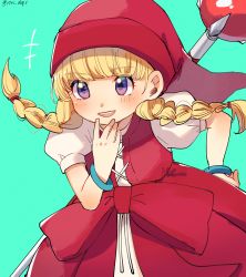Rule 34 | +++, 1girl, :d, aqua background, bad id, bad pixiv id, blonde hair, blush, bow, bracelet, braid, dragon quest, dragon quest xi, dress, eyes visible through hair, hand on own chin, hat, highres, jewelry, long hair, open mouth, puffy short sleeves, puffy sleeves, purple eyes, red hat, ririmon, short sleeves, simple background, smile, solo, staff, teeth, twin braids, twitter username, veronica (dq11), waist bow