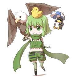 Rule 34 | 1girl, animal, animal on arm, animal on head, barrel, belt, bird, bird on arm, bird on head, black footwear, boots, bra strap, breasts, brown belt, chibi, closed mouth, commentary request, eagle, elbow gloves, fingerless gloves, full body, galapago (ragnarok online), galapagos penguin, gloves, green eyes, green gloves, green hair, green scarf, green shorts, green thighhighs, green tube top, looking at viewer, midriff, natsuya (kuttuki), navel, on head, penguin, pouch, ragnarok online, ranger (ragnarok online), scarf, short hair, shorts, simple background, small breasts, smile, strapless, sunglasses, thighhighs, tube top, umbrella, white background