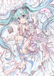 Rule 34 | 1girl, ankle ribbon, anklet, aqua hair, arm ribbon, bare shoulders, barefoot, beads, bloomers, blue eyes, blush, bow, collarbone, commentary, eighth note, frilled bow, frilled shirt, frills, hair ornament, hair ribbon, hand on own cheek, hand on own face, hatsune miku, highres, jewelry, knees up, leg ribbon, legband, light blush, long hair, looking at viewer, lying, music box, musical note, obi, on side, open mouth, petals, pink ribbon, pink skirt, ribbon, sash, shirt, shouga (syouronron), skirt, smile, solo, spaghetti strap, thigh ribbon, twintails, underwear, very long hair, vocaloid, wings
