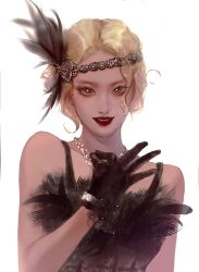 Rule 34 | 1girl, absurdres, black dress, black eyes, black feathers, black gloves, blonde hair, bracelet, chinese commentary, collarbone, dress, feathers, g-i-dle, gloves, headband, hei ran ala, highres, jewelry, k-pop, lipstick, makeup, mole, mole under eye, necklace, nxde (g-i-dle), parted lips, portrait, real life, realistic, red lips, short hair, simple background, smile, solo, white background, yeh shuhua