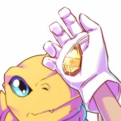 Rule 34 | 1boy, agumon, blue eyes, commentary request, crests (digimon), digimon, digimon (creature), digimon adventure, fang, gloves, hawe king, looking up, lowres, pov, pov hands, simple background, sparkle, tag, white background, white gloves, yagami taichi