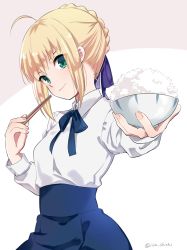 Rule 34 | 1girl, ahoge, artoria pendragon (all), artoria pendragon (fate), blonde hair, blue ribbon, blue skirt, bowl, braid, breasts, chopsticks, closed mouth, collared shirt, fate/stay night, fate (series), food, french braid, green eyes, grey background, hair ribbon, holding, holding bowl, holding chopsticks, holding food, ica, light smile, long sleeves, looking at viewer, medium breasts, outstretched arm, religious offering, ribbon, rice, saber (fate), shirt, short hair with long locks, sidelocks, signature, simple background, skirt, smile, solo, twitter username, two-tone background, upper body, white background, white shirt
