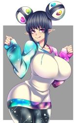Rule 34 | 1girl, :q, bad id, bad twitter id, black hair, breasts, commentary request, curvy, double bun, eyelash ornament, facial mark, hair bun, highres, huge breasts, hz (666v), long sleeves, mao (camui kamui), medium hair, multicolored clothes, original, pointy ears, purple eyes, simple background, thick thighs, thighs, tongue, tongue out, wide hips
