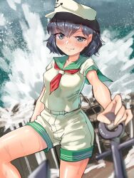 Rule 34 | 1girl, anchor, black hair, blue eyes, boat, breasts, gunnjou yosio, hat, highres, holding, holding anchor, large breasts, murasa minamitsu, neckerchief, ocean, parted lips, red neckerchief, sailor collar, sailor hat, sailor shirt, shirt, short hair, short shorts, shorts, solo, touhou, uneven eyes, watercraft, waves, white hat, white shirt