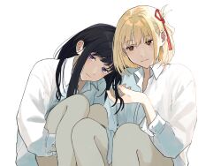 Rule 34 | 2girls, black hair, blonde hair, blush, closed mouth, collared shirt, commentary, dress shirt, feet out of frame, hair ribbon, highres, hugging own legs, inoue takina, knees up, long hair, long sleeves, looking at another, looking at viewer, lycoris recoil, multiple girls, nishikigi chisato, one side up, playing with another&#039;s hair, puffy sleeves, purple eyes, red eyes, red ribbon, ribbon, shirt, short hair, sidelighting, sidelocks, simple background, sitting, variant set, white background, white shirt, yomo (moo 777 moo), yuri
