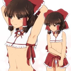 Rule 34 | 1girl, alternate costume, armpits, arms up, bow, breasts, brown eyes, brown hair, frilled bow, frills, frown, gluteal fold, hair bow, hair tubes, hakurei reimu, miniskirt, neck bell, neck ribbon, no bra, panties, red bow, red ribbon, ribbon, shirosato, short hair, sidelocks, skirt, small breasts, solo, touhou, underboob, underwear, white background, white panties