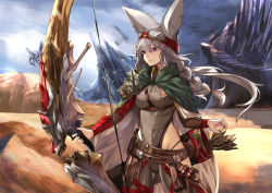 Rule 34 | 1girl, animal ears, arrow (projectile), belt, bow, bow (weapon), braid, breasts, cape, closed mouth, commentary request, day, desert, fighting stance, fox ears, fox girl, goggles, goggles on head, green cape, grey leotard, hair between eyes, highleg, highleg leotard, highleg panties, highres, holding, holding weapon, leotard, long hair, long sleeves, medium breasts, monster hunter, monster hunter: world, monster hunter (series), multicolored cape, multicolored clothes, original, outdoors, panties, purple eyes, quiver, ready to draw, sand, silver hair, solo, underwear, weapon, yoshizawa tsubaki