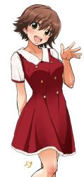 Rule 34 | 10s, 1girl, :d, arm behind back, body blush, brown eyes, brown hair, collarbone, dress, head tilt, highres, honda mio, idolmaster, idolmaster cinderella girls, open mouth, red dress, shift (waage), short hair, short sleeves, simple background, smile, solo, white background