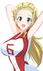 Rule 34 | 1girl, :d, absurdres, aikir (jml5160), arm behind head, armpits, arms up, blonde hair, breasts, brown eyes, commentary, girls und panzer, hair pulled back, hairband, highres, large breasts, long hair, looking at viewer, open mouth, ponytail, red shirt, sasaki akebi, shirt, simple background, sleeveless, sleeveless shirt, smile, solo, sportswear, upper body, volleyball uniform, white background, white hairband