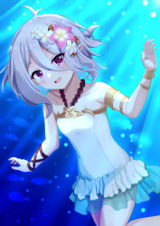 Rule 34 | 1girl, ahoge, antenna hair, bare shoulders, blush, breasts, collarbone, dress, elf, female focus, fish, flower, hair between eyes, hair flower, hair ornament, hands up, highres, kokkoro (princess connect!), kokkoro (summer) (princess connect!), looking at viewer, ocean, open mouth, pink eyes, pink flower, pointy ears, princess connect!, short hair, silver hair, sleeveless, small breasts, solo, swimsuit, syurimp, underwater, water, white flower