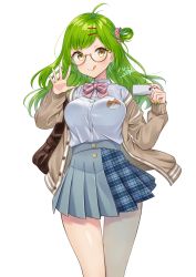 Rule 34 | 1girl, :q, antenna hair, blue skirt, blush, bow, bowtie, breasts, brown-framed eyewear, brown cardigan, buttons, cardigan, closed mouth, collared shirt, cowboy shot, drop shadow, glasses, green hair, hair ornament, hair rings, hair scrunchie, hairclip, hands up, haruyuki 14, highres, holding, large breasts, long hair, long sleeves, looking at viewer, miniskirt, off shoulder, open cardigan, open clothes, original, pink bow, pink bowtie, plaid, plaid skirt, pleated skirt, school uniform, scrunchie, semi-rimless eyewear, shirt, shirt tucked in, simple background, skirt, smile, solo, standing, striped bow, striped bowtie, striped clothes, striped neckwear, tag, thighs, tongue, tongue out, under-rim eyewear, white background, white shirt, yellow eyes