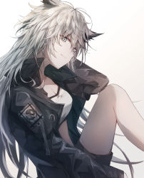 Rule 34 | 1girl, absurdres, animal ears, arknights, bandeau, bare legs, black jacket, breasts, cleavage, commentary request, grey background, grey eyes, highres, jacket, kiyakyuu, knee up, lappland (arknights), long hair, long sleeves, looking at viewer, medium breasts, open clothes, open jacket, silver hair, sitting, smile, solo, strapless, thighs, tube top, very long hair, wolf ears