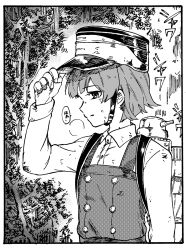 Rule 34 | 1girl, adjusting clothes, adjusting headwear, arare (kancolle), buttons, collared shirt, commentary, dirty, dirty clothes, dirty face, dodomori, dress, forest, greyscale, hat, highres, kantai collection, long sleeves, machinery, monochrome, nature, outdoors, peaked cap, pinafore dress, rigging, shirt, short hair, sleeveless dress, smokestack, solo, strap, sweat, translated, tree, turret, upper body, weapon
