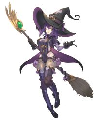 Rule 34 | 1girl, ;o, bad id, bad twitter id, boots, breasts, broom, cape, character request, copyright request, full body, gloves, green eyes, hair between eyes, hat, highres, index finger raised, large breasts, looking at viewer, one eye closed, pantyhose, purple hair, solo, takamine nadare, thighhighs, thighhighs over pantyhose, white background, witch, witch hat