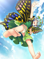 Rule 34 | 1girl, barefoot, bird, blue hair, blue sky, blush stickers, butterfly wings, chima q, closed eyes, cloud, cloudy sky, day, dress, eternity larva, feet, from below, green dress, green panties, highres, insect wings, outdoors, outstretched arms, panties, polka dot, polka dot panties, sky, smile, soles, solo, sunlight, toes, touhou, underwear, wings