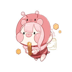 Rule 34 | 1girl, :p, arthropod girl, bee costume, bee girl, bee wings, blush, churro, food, highres, holding, holding food, honey, honey churros, honeycomb (pattern), indie virtual youtuber, insect girl, insect wings, long hair, looking at viewer, pink eyes, pink hair, raid (donghyeok), tongue, tongue out, virtual youtuber, wings
