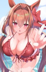 Rule 34 | 1girl, :o, absurdres, animal ears, bikini, blush, bow, breasts, brown hair, cleavage, daiwa scarlet (trifle vacation) (umamusume), daiwa scarlet (umamusume), day, front-tie bikini top, front-tie top, hair bobbles, hair bow, hair ornament, hand on lap, highres, horse ears, horse girl, index finger raised, jam (jamjam777), large breasts, leaning forward, long hair, looking at viewer, low twintails, outdoors, red bikini, red eyes, skindentation, swimsuit, twintails, umamusume, very long hair, wet, wet hair