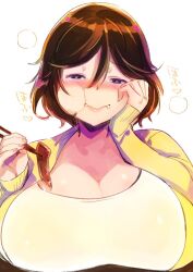 Rule 34 | 1girl, blush, breasts, character request, chopsticks, cleavage, closed mouth, commentary request, copyright request, eating, hair between eyes, half-closed eyes, heart, holding, holding chopsticks, huge breasts, inui achu, long sleeves, looking at viewer, medium hair, simple background, sleeves past wrists, solo, translation request, upper body, white background