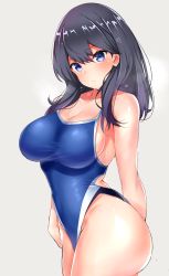 Rule 34 | 10s, 1girl, arm behind back, bare shoulders, black hair, blue eyes, blue one-piece swimsuit, blush, breasts, cleavage, closed mouth, collarbone, commentary request, competition school swimsuit, covered navel, gridman universe, highleg, highleg swimsuit, highres, hip focus, large breasts, long hair, looking at viewer, one-piece swimsuit, sankakusui, school swimsuit, simple background, solo, ssss.gridman, swept bangs, swimsuit, takarada rikka, thighs