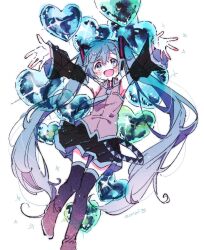 Rule 34 | 1girl, black thighhighs, hatsune miku, hazime, heart, highres, smile, thighhighs, twintails, vocaloid, white background