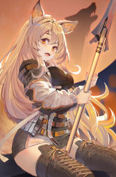Rule 34 | animal ears, arknights, belt, belt buckle, boots, breasts, buckle, ceobe (arknights), cross-laced footwear, dog ears, dog tail, dress, eyebrows, eyelashes, fang, hair between eyes, highres, holding, holding weapon, howling, lace, lace-up boots, light brown hair, long hair, long sleeves, open mouth, orange eyes, polearm, puffy sleeves, shadow, short dress, skin fang, solo, spear, tail, thigh boots, thighhighs, weapon, wolf, xiao feng