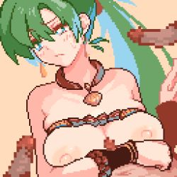 Rule 34 | 1girl, 3boys, alternate costume, animated, animated gif, blue eyes, breasts, censored, clothed sex, dark-skinned male, dark skin, earrings, fire emblem, fire emblem: the blazing blade, fire emblem heroes, green hair, jewelry, looping animation, lyn (fire emblem), lyn (summer) (fire emblem), momiahair, multiple boys, necklace, nintendo, nipples, official alternate costume, orange background, paizuri, penis, pixel art, shell, shell necklace