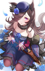 Rule 34 | 1girl, animal ears, back bow, backlighting, bare shoulders, black hair, black thighhighs, blue dress, blue flower, blue hat, blue rose, blush, bow, closed mouth, commentary, dagger, dress, flower, fur collar, hair over one eye, hanamura pink, hat, hat flower, highres, horse ears, horse girl, horse tail, knife, lace, lace-trimmed thighhighs, large bow, long bangs, long hair, long sleeves, off-shoulder dress, off shoulder, purple eyes, rice shower (umamusume), rose, scabbard, sheath, sheathed, short dress, sitting, smile, solo, tail, thighhighs, tilted headwear, umamusume, v arms, wariza, weapon