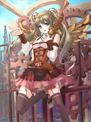 Rule 34 | 1girl, :d, belt, black thighhighs, brown hair, chaki-yam, corset, detached sleeves, dress, gears, green eyes, gun, legs, mechanical wings, open mouth, original, rifle, smile, steampunk, thighhighs, twintails, weapon, wings