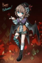 Rule 34 | 1other, adapted costume, androgynous, aqua eyes, asymmetrical legwear, black footwear, black hat, boots, brown hair, cine hamal, closed mouth, commentary, english commentary, english text, frilled sleeves, frills, full body, green shorts, happy halloween, hat, heart, highres, kuzu suzumi, len&#039;en, long sleeves, mini hat, mismatched legwear, open clothes, open vest, orange vest, other focus, ribbon-trimmed shorts, ribbon trim, shirt, short hair, shorts, smile, socks, solo, striped clothes, striped thighhighs, thighhighs, torn clothes, torn thighhighs, vest, websci 3357, white shirt, white socks