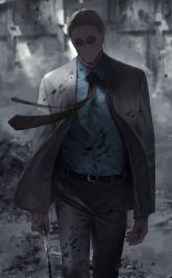 Rule 34 | 1boy, arms at sides, bad id, bad twitter id, belt, blood, blood on clothes, blood on face, blood splatter, blue shirt, brown hair, brown necktie, closed mouth, collared shirt, corpse, cowboy shot, death, decapitation, dress shirt, formal, grey jacket, grey pants, grey suit, highres, holding, holding sword, holding weapon, jacket, jujutsu kaisen, kuro (grf), long sleeves, looking at viewer, male focus, monster, nanami kento, necktie, pants, shirt, short hair, solo, suit, sunglasses, sword, walking, weapon