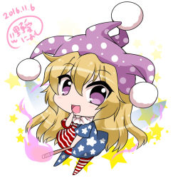Rule 34 | 1girl, :d, american flag dress, american flag legwear, bad id, bad pixiv id, blonde hair, blush, chibi, clownpiece, fairy wings, finger to mouth, fire, fire, hat, highres, jester cap, long hair, neck ruff, noai nioshi, open mouth, pom pom (clothes), purple eyes, signature, smile, solo, star (symbol), torch, touhou, tsurime, very long hair, wavy hair, wings