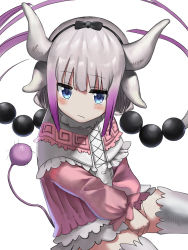 Rule 34 | 10s, 1girl, blue eyes, capelet, commentary request, dragon girl, dragon horns, dragon tail, geisha-geisha-, hair bobbles, hair ornament, hairband, horns, kanna kamui, kobayashi-san chi no maidragon, light purple hair, long hair, looking at viewer, low twintails, simple background, slit pupils, solo, tail, thighhighs, twintails, v arms, white background, white thighhighs, zettai ryouiki