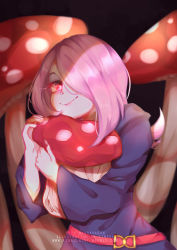 Rule 34 | 1girl, absurdres, artist name, black background, character name, cinful, commentary, fingernails, fly agaric, glowing, glowing eyes, hair over one eye, highres, hugging object, little witch academia, long hair, looking at viewer, luna nova school uniform, mushroom, pink hair, red eyes, robe, school uniform, smile, solo, sucy manbavaran, watermark, web address, witch