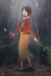 Rule 34 | 1girl, bamboo, bamboo forest, black hair, brown hair, closed eyes, forest, from behind, full body, jacket, japanese clothes, kara no kyoukai, kimono, knife, monokuro (snog), nature, red jacket, reverse grip, ryougi shiki, sandals, short hair, smile, solo, type-moon