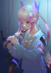 Rule 34 | 1girl, absurdres, aqua bow, aqua nails, blood, bloody knife, blue eyes, blunt bangs, blurry, blurry background, blurry foreground, bow, bowtie, chouzetsusaikawa tenshi-chan, closed mouth, commentary, cowboy shot, depth of field, falling, grey hair, hair bow, hair intakes, hands up, heart, highres, holding, holding knife, interlocked fingers, knife, long hair, looking down, luhuajia, multicolored hair, multicolored nails, multiple bows, nail polish, needy girl overdose, own hands together, pink bow, pink hair, pink nails, purple bow, sidelighting, sidelocks, solo, standing, star (symbol), two-tone hair, white bow, white bowtie