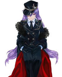 Rule 34 | 1girl, absurdres, aiguillette, alternate costume, black necktie, breast pocket, cape, closed mouth, collared shirt, expressionless, fur-trimmed cape, fur trim, genshin impact, hair ears, hair over one eye, hands in pockets, hat, highres, keqing (genshin impact), long hair, long sleeves, looking at viewer, military, military hat, military uniform, necktie, pocket, purple eyes, purple hair, reki (user rcrd4534), shirt, simple background, solo, twintails, two-sided cape, two-sided fabric, uniform, white background, white shirt, wing collar
