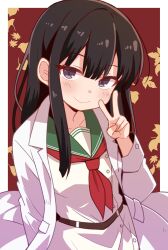 Rule 34 | 1girl, arm behind back, autumn leaves, belt, black eyes, black hair, bow, bowtie, brown belt, closed mouth, collar, commentary request, cowboy shot, green collar, hand up, highres, lab coat, leaf, light blush, long hair, looking at viewer, maple leaf, original, red bow, red bowtie, school uniform, serafuku, simple background, smile, solo, v, white serafuku, yukinagi