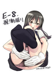 Rule 34 | 10s, 1girl, black hair, black socks, black panties, black skirt, blush, brown eyes, covering privates, covering ass, covering crotch, dated, gloves, hair between eyes, hair ornament, hairclip, highres, kantai collection, kneehighs, long hair, looking at viewer, neck ribbon, no shoes, open mouth, oyashio (kancolle), panties, pleated skirt, purple ribbon, ribbon, school uniform, shirt, short sleeves, simple background, skirt, socks, solo, translation request, ugeppa, underwear, vest, white background, white gloves, white shirt
