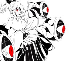 Rule 34 | 1girl, bow, closed mouth, commentary request, flat chest, hair bow, hakama, hakama skirt, invisible chair, japanese clothes, kaigen 1025, kimono, long sleeves, no nose, ponytail, red eyes, simple background, sitting, skirt, solo, spot color, touhou, touhou (pc-98), white background, wide sleeves, yuugenmagan