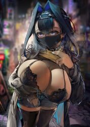 Rule 34 | 1girl, absurdres, black bra, blue eyes, blue hair, blurry, blurry background, bra, breasts, chain headband, cleavage, coat, hair intakes, highres, hololive, hololive english, large breasts, looking at viewer, mask, mouth mask, ouro kronii, short shorts, shorts, sleeves past wrists, solo focus, thighhighs, underwear, virtual youtuber, vyragami