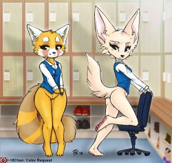 Rule 34 | 2girls, :3, aggressive retsuko, animal ear fluff, animal ears, animal nose, bare legs, blush, bottomless, breasts, chair, closed mouth, colorized, embarrassed, eyelashes, female focus, fenneko, fluff kevlar, fox girl, fox tail, full body, furry, furry female, happy, highres, light blush, locker, locker room, long sleeves, looking back, multiple girls, office chair, office lady, panda ears, panda girl, panda tail, pussy, retsuko, smile, soles, standing, swivel chair, tail, thighs, third-party edit, toes, uncensored