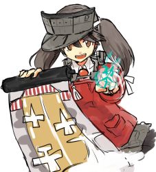 Rule 34 | 10s, 1girl, :d, alternate hair color, amamori kohan, black hair, blue fire, brown eyes, fire, holding, kantai collection, long hair, long sleeves, onmyouji, open mouth, pointing, pointing at viewer, ryuujou (kancolle), scroll, shikigami, sideways hat, simple background, smile, solo, twintails, upper body, visor cap, white background