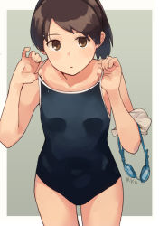 Rule 34 | 1girl, adjusting clothes, adjusting swimsuit, alternate costume, bad id, bad pixiv id, black one-piece swimsuit, brown eyes, brown hair, collarbone, competition school swimsuit, cowboy shot, goggles, goggles around arm, kantai collection, looking at viewer, makio (makiomeigenbot), one-piece swimsuit, parted lips, ponytail, school swimsuit, shikinami (kancolle), short hair, signature, solo, swimsuit