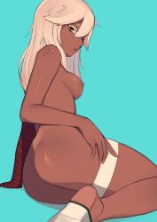 Rule 34 | 1girl, aqua background, ass, bandaged arm, bandages, blonde hair, breasts, brown eyes, commentary, dark-skinned female, dark skin, guilty gear, hair between eyes, highres, large breasts, legs, long hair, looking at viewer, nipples, no shoes, nude, panapana (pixiv 12562150), parted lips, puffy nipples, ramlethal valentine, red bandage, simple background, sitting, soles, solo, thigh strap, toeless footwear