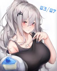 Rule 34 | 1girl, absurdres, arknights, bare shoulders, black shirt, blush, breasts, cake, cake slice, commentary request, dated, food, fork, hair between eyes, highres, holding, holding fork, huge breasts, long hair, looking at viewer, off-shoulder shirt, off shoulder, plate, ponytail, red eyes, rikuguma, shirt, silver hair, skadi (arknights), solo, upper body