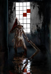 Rule 34 | 1boy, blood, dark, gloves, helmet, iqo, male focus, pyramid head, reflection, silent hill, silent hill (series), silent hill 2, solo, sword, wading, water, weapon, window