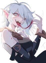 Rule 34 | 1girl, antenna hair, bare shoulders, blood, breasts, briar (league of legends), colored sclera, detached sleeves, fingernails, grey eyes, grey hair, hair between eyes, hand up, highres, large breasts, league of legends, long hair, looking at viewer, neo (neorarty3), open mouth, pointy ears, red sclera, sharp fingernails, sharp teeth, smile, solo, teeth, tongue, tongue out, upper teeth only, vampire