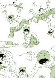 Rule 34 | 00s, 1boy, animal costume, barefoot, death note, doughnut, feet, food, frog, green theme, hat, l (death note), male focus, monochrome, multiple views, puffy cheeks, simple background, white background